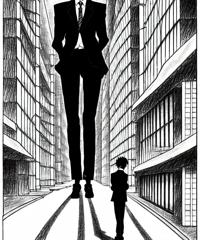 Prompt: A anime about a short-haired office solo worker standing on the sidewalk. Sharp high quality anime cover, fine details, straight lines, perfect faces, architecture in the background, masterpiece, shadows, art, highly detailed drawing by Hirohiko Araki, Akatsuki Akira, Kentaro Miura