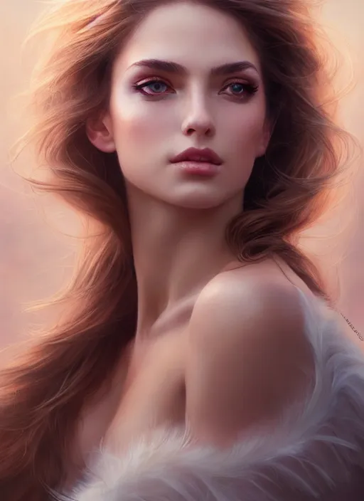 Image similar to a gorgeous female photo, professionally retouched, soft lighting, feather hair, realistic, smooth face, perfect eyes, wide angle, sharp focus on eyes, 8 k high definition, insanely detailed, intricate, elegant, art by artgerm and greg rutkowski and stefan kostic