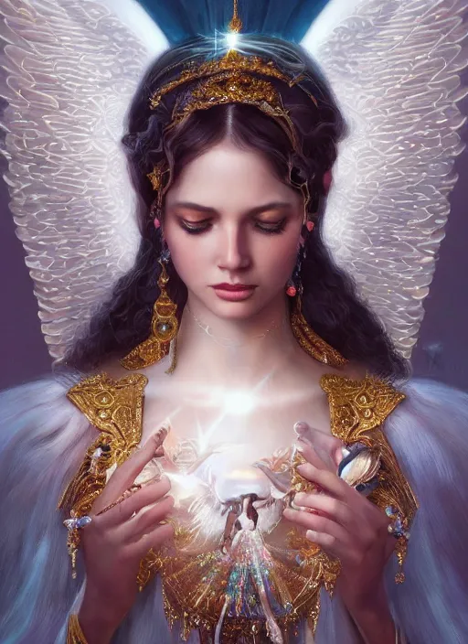 Prompt: A beautiful digital painting of a female angel full of jewels, princess, the sun behind her, intricate, cinematic lighting, highly detailed, digital painting, Artstation, concept art, smooth, sharp focus, illustration, art by Tom Bagshaw, Artgerm and Greg Rutkowski