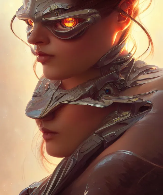 Image similar to futuristic woman portrait, sci-fi, amber eyes, face, long hair, fantasy, intricate, elegant, highly detailed, digital painting, artstation, concept art, smooth, sharp focus, illustration, art by artgerm and greg rutkowski and alphonse mucha