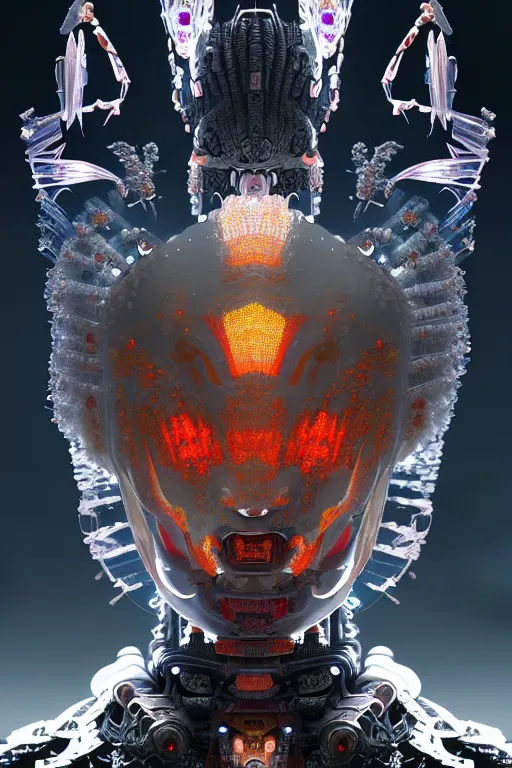 Image similar to asura from chinese myth, ghost, gorgeous and huge head ornaments, dystopian, cyberpunk, organic fractal mycelum and fungi, mecha, halfturn portrait of a big crystal face made of crystals half - turn, ominous, intricate, studio, art by anthony macbain + greg rutkowski + alphonse mucha, concept art, 4 k, sharp focus