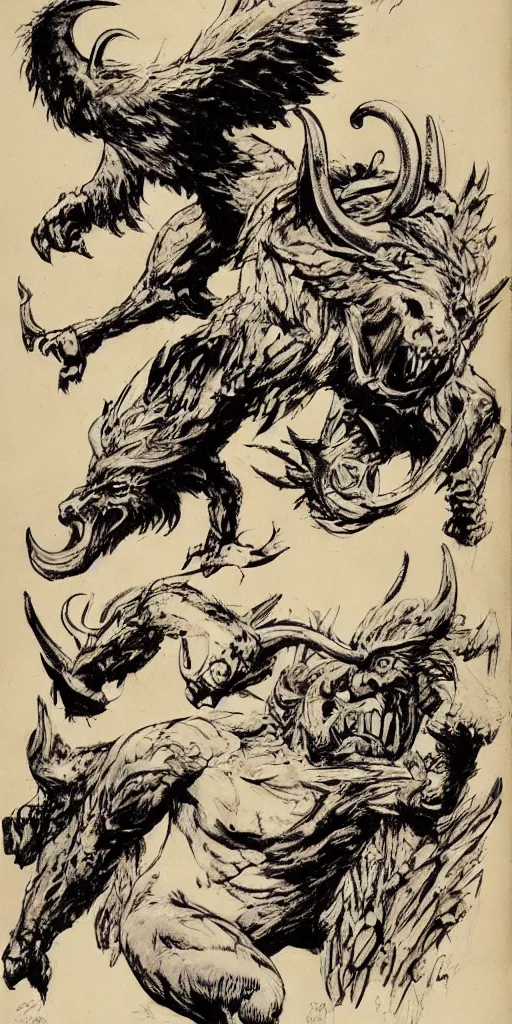 Image similar to a creature with the body and eyes of a man, with the beak of an eagle, the mane of a lion, and the horns of an ox. drawn by frank frazetta