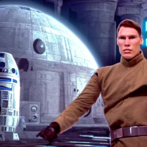 Image similar to jerma visiting coruscant, movie screenshot from star wars