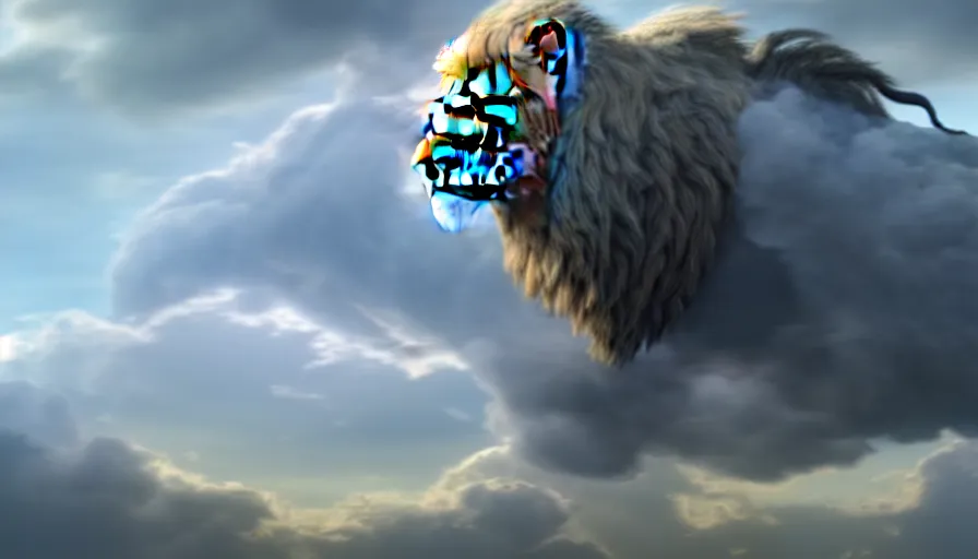 Prompt: cloud in the shape of a lion, matte painting, highly detailed, 8k