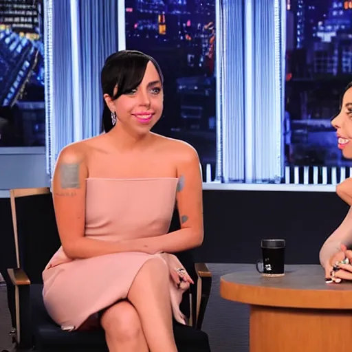 Prompt: lady gaga and aubrey plaza side eyeing each other during a late show interview