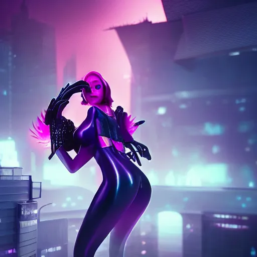 Prompt: evelynn from league of legends in a cyberpunk setting, cinematic, dark, fog, ray tracing, octane render