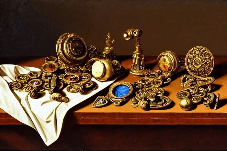 Image similar to inspiring renaissance still life of fidget spinners on an antique dresser, intricate, ornate, highly detailed fidget spinners, natural light, golden hour, oil painting by caravaggio