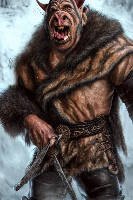 Image similar to A full body shot of a handsome orc-((pig)) looking into the camera wearing a leather fur jacket and boots, full body shot, detailed face, portrait, artstation, realistic, highly detailed, symmetrical, D&D, Dungeons & Dragons, hyper realistic, dynamic pose, high detail, octane render, unreal engine, 8k, fantasy art, highly detailed, concept art