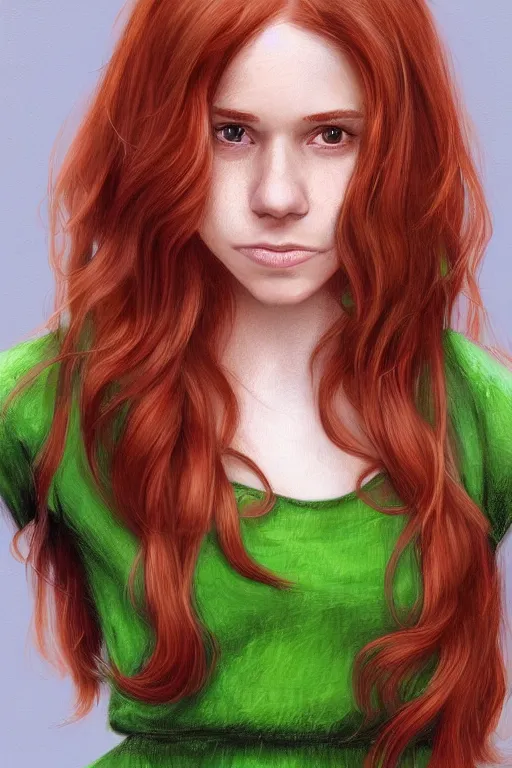 Image similar to ultra realistic style illustration of a beautiful cute red haired playful teen girl in a green dress, long hair, face of teen kate mara, sci - fi, intricate, elegant, digital painting, artstation, concept art, smooth, sharp focus, illustration, 8 k frostbite 3 engine, ultra detailed, art by artgerm and greg rutkowski and magali villeneuve