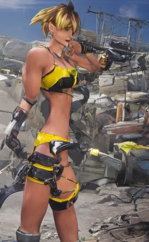 Image similar to tracer game character, in yellow bikini, blonde hair, black eyes, full height