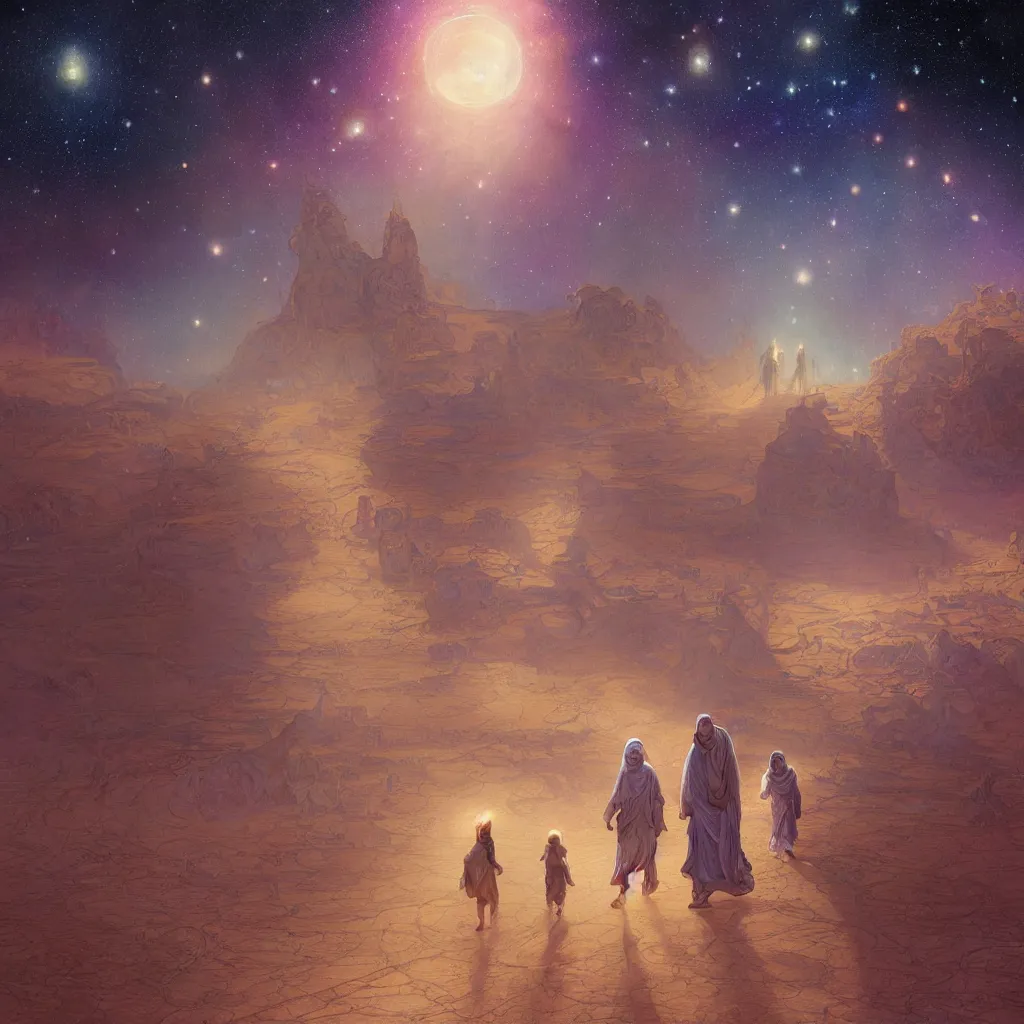 Image similar to bedouin man and woman and child in galaxy walking towards mosque surrounded by nebula, highly detailed, gold filigree, romantic storybook fantasy, soft cinematic lighting, award, disney concept art watercolor illustration by mandy jurgens and alphonse mucha and alena aenami, pastel color palette, featured on artstation