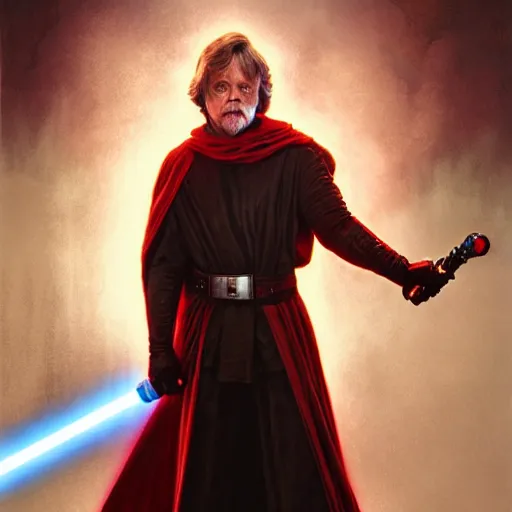 Prompt: Mark Hamill as Sith Lord with red light saber and in power armor, western, D&D, fantasy, intricate, elegant, highly detailed, digital painting, artstation, concept art, matte, sharp focus, illustration, art by Artgerm and Greg Rutkowski and Alphonse Mucha