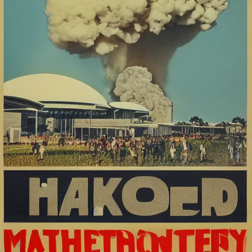 Image similar to A 1980s poster of a hawker centre and mushroom cloud