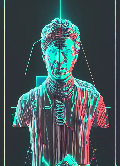 Image similar to statue of julius caesar, beeple, android jones, dan mumford, vaporwave, retrowave, black background, neon wiring, black, glitch, strong contrast, cuts, pinterest, trending on artstation