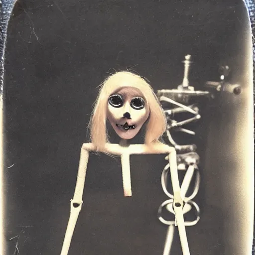 Image similar to female, creepy marionette puppet, horrific, unnerving, clockwork horror, pediophobia, lost photograph, dark, forgotten, final photo found before disaster, human laying unconscious in the background, polaroid,