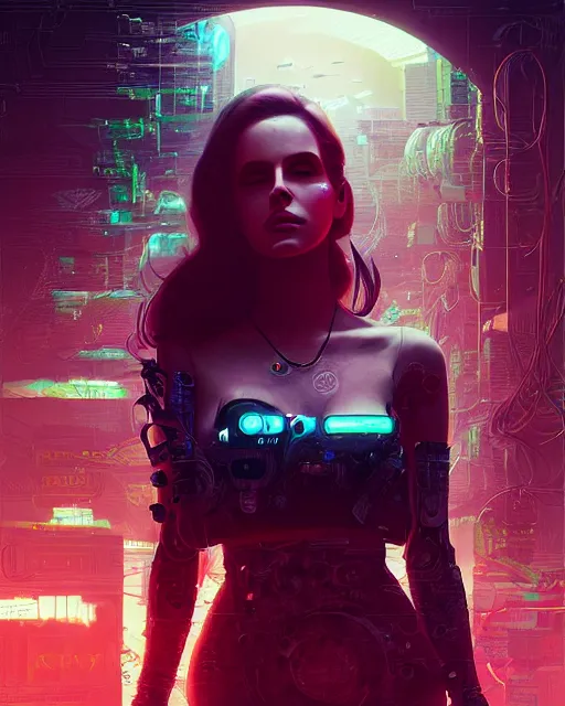 Image similar to portrait of lana del rey as a cyberpunk cyborg. roses, sci - fi, intricate abstract upper body intricate artwork, by tooth wu, wlop, beeple, dan mumford. concept art, octane render, deviantart, greg rutkowski, cinematic arthouse, key art, hyper realism, iridescent accents