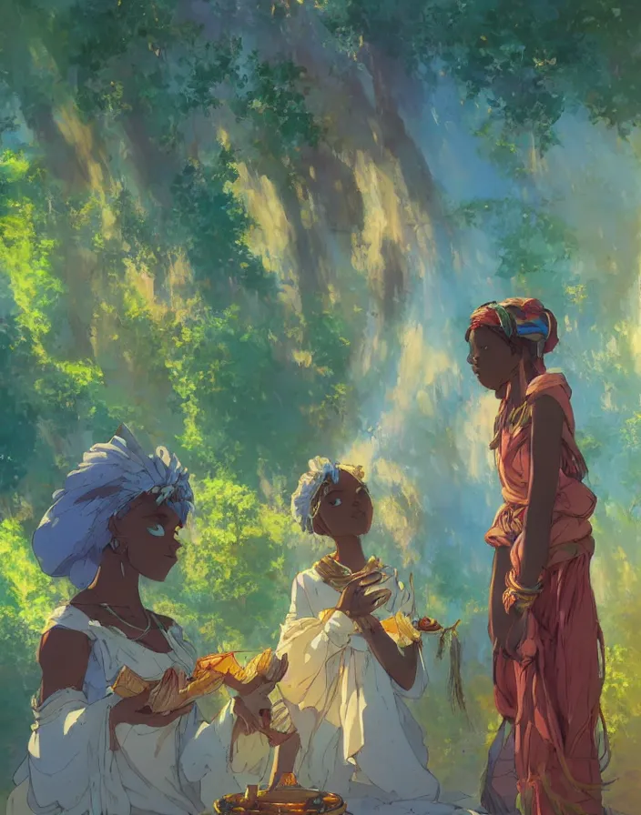 Image similar to african princess giving an offering to a heavenly being, environment concept art, ethereal anime, high detail impressionist style, dreamy light color palette, style of studio ghibli and moebius, concept art stunning atmosphere, trending on artstation, volumetric light