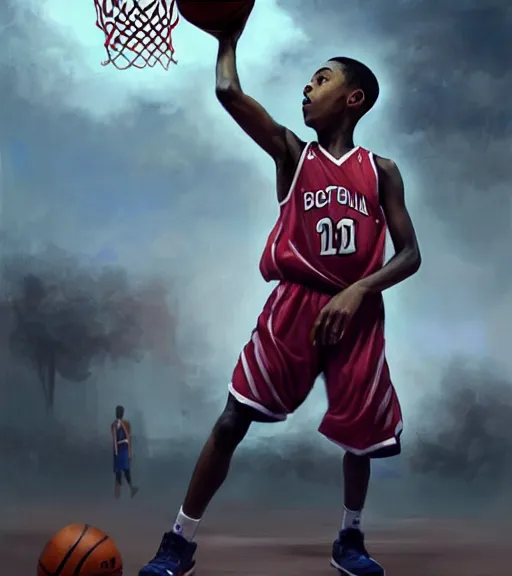 Image similar to portrait of a boy at a basketball court playing basketball wearing a basketball jersey in a basketball court standing near the basketball hoop, intense emotion, (detailed facial expression), detailed surroundings, intricate, elegant, highly detailed, centered, digital painting, artstation, concept art, smooth, sharp focus, illustration, by (Peter Mohrbacher), WLOP