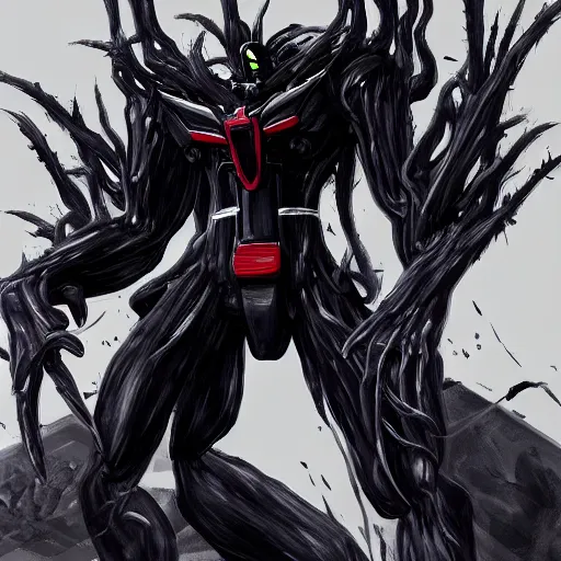 Image similar to Gundam exposed to the symbiote and became Venom.forest,horror, concept art,high detailed,fine art,trending on Artstation, smooth draw,Sharp focus.