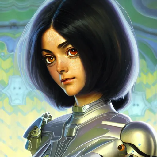Image similar to Character Portrait of Battle Angel Alita surrounded by geometric nodes, face, fantasy, intricate, elegant, highly detailed, digital painting, artstation, concept art, smooth, sharp focus, illustration, art by Greg Manchess and Fernanda Suarez and Artem Demura and alphonse mucha