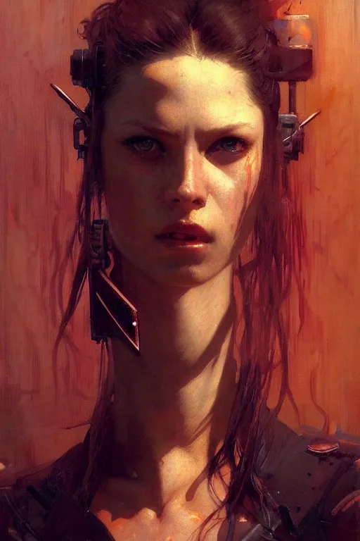 Image similar to portrait max mad cyberpunk, girl with a future weapon character design, painting by gaston bussiere, katsuya terada, nc wyeth, greg rutkowski, craig mullins, vermeer, frank frazetta, tom of finland, trending on artstation, jeffery catherine jones