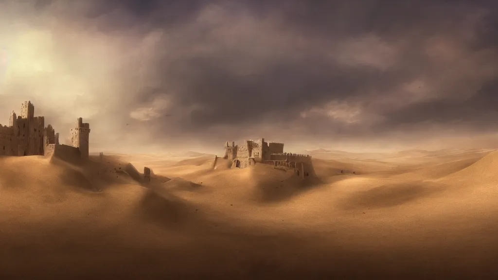 Prompt: castle among sand dunes, sand storm, Game of Thrones, volumetric lighting, fantasy artwork, very beautiful scenery, very realistic painting effect, hd, hdr, cinematic 4k wallpaper, 8k, ultra detailed, high resolution, artstation