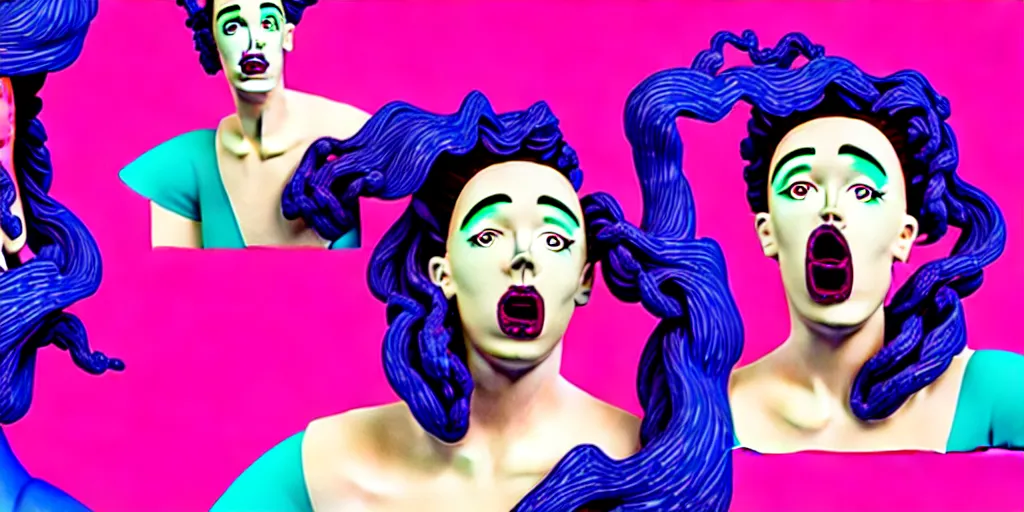 Image similar to modern sculpture, young woman as medusa as miranda sings, multiple poses, vaporwave, distorted vhs still