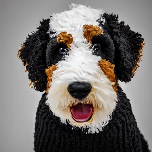 Image similar to a closeup photorealistic photograph of a cute smiling knitted bernedoodle judge dog dressed in a black gown, presiding over the courthouse. indoors, professional capture, well lit shot. this 4 k hd image is trending on artstation, featured on behance, well - rendered, extra crisp, features intricate detail, epic composition and the style of unreal engine.