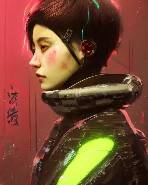 Image similar to detailed portrait neon guard girl with very short brown hair seen from the back, cyberpunk futuristic, reflective puffer jacket, black leggings, decorated with traditional japanese ornaments by ismail inceoglu dragan bibin hans thoma, perfect face, fine details, realistic shaded, fine - face, pretty face