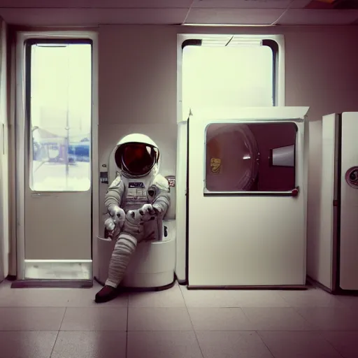 Prompt: a beautiful photo of an astronaut waiting in a laundromat, 1970', soft light, morning light, photorealistic, realistic, octane, 8k, cinematic shot