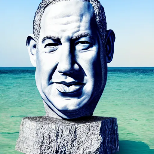 Image similar to a giant benjamin netanyahu head sculpture in the sea made out of jelly, long shot, hyper detailed, hyper realistic, ray tracing, 8 k resolution, sharp focus, realistic water, award winning