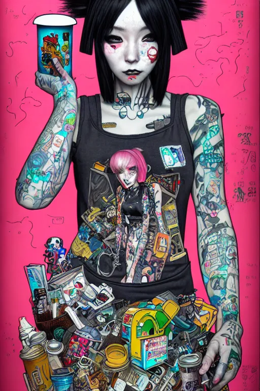 Image similar to full view, from a distance, of anthropomorphic trashcan full of trash, who is cyberpunk girl with tattoos, style of yoshii chie and hikari shimoda and martine johanna, highly detailed