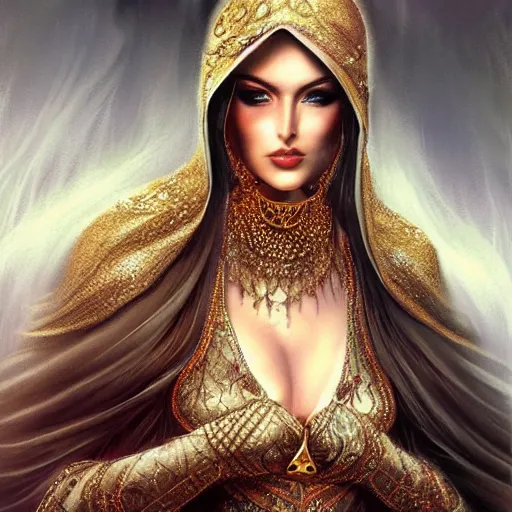 Image similar to a beautiful woman wearing a white niqab made of silk with golden jewelry and diamonds by alex gray and android jones, karol bak, ayami kojima, arabian, concept art, fantasy