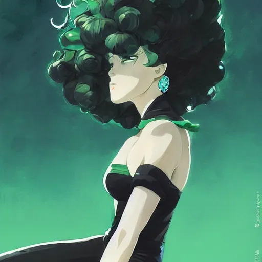 Prompt: painting of tatsumaki from one punch man, green wavy hair, black dress, cool color palette, refreshing, soft lighting, fine details, digital painting, pretty face, light and shadow effects, dynamic pose, by cushart krenz, by makoto shinkai