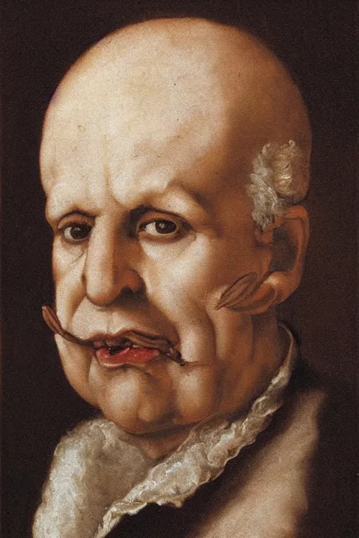 Prompt: man's face on garlic portrait, baroque painting, smug