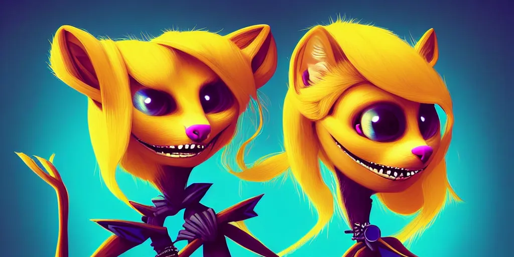 Image similar to curved perspective, extreme narrow, extreme fisheye, digital art of a female marten animal cartoon character wearing jewlery with blonde hairstyle by anton fadeev from nightmare before christmas