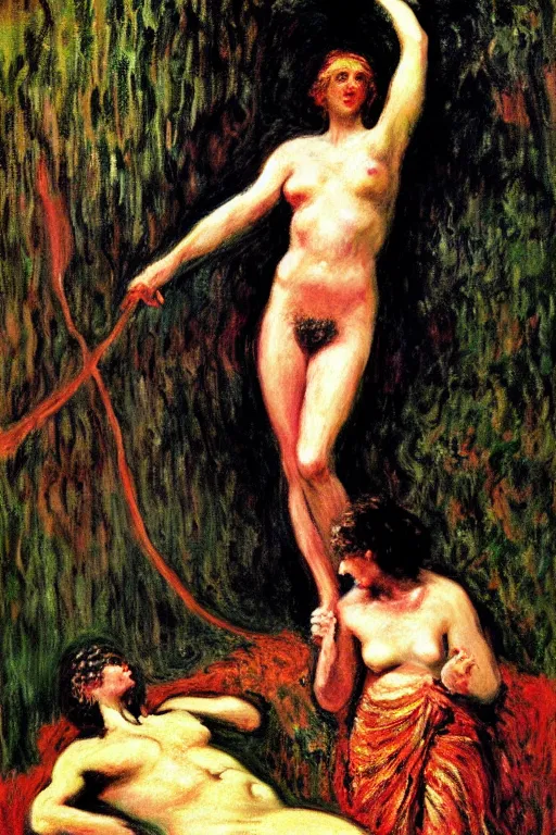 Prompt: Prometheus by Salome with the Head of John the Baptist, background by Claude Monet