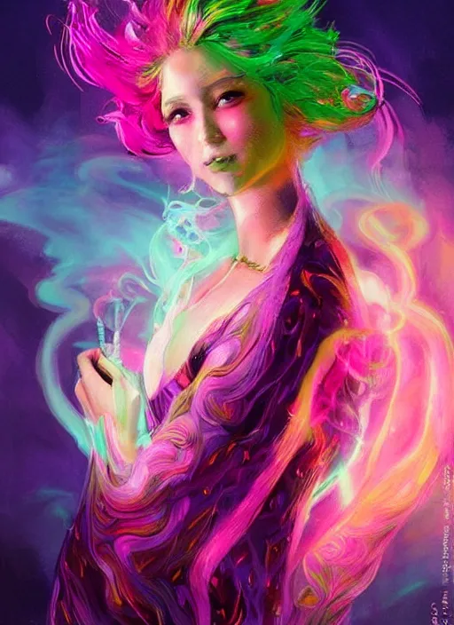 Prompt: psychedelic [ chemiluminescence ] [ [ [ smiling ] ] ] elegant woman chakra spirit with pink hair smoke and fluid dynamics, colorful, psychedelic, ornate, intricate, digital painting, concept art, smooth, sharp focus, illustration, blacklight reacting, art by artgerm and greg rutkowski