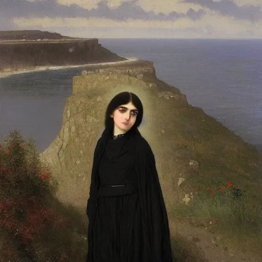 Image similar to 1 7 - year - old pale - skinned persian girl with black long bob cut, long bangs, black gothic jacket, black jeans, psychic girl, standing on cliff along the irish coast, overcast gray skies, ultra - realistic, sharp details,, intricate details, art by william - adolphe bouguereau