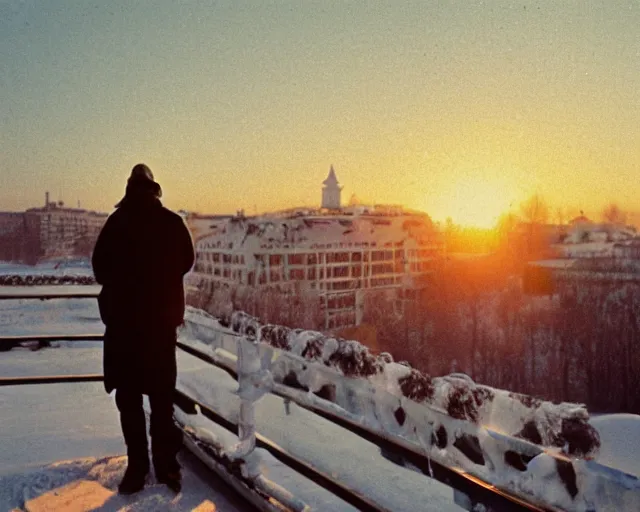 Prompt: lomographic tarkovsky film still of 4 0 years russian man with beard and sweater standing on small hrushevka 9 th floor balcony in winter taiga looking at sunset, cinestill, bokeh