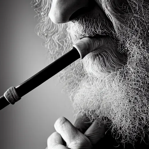 Prompt: a closeup black and white studio photographic portrait of gandalf smoking a long pipe, dramatic lighting