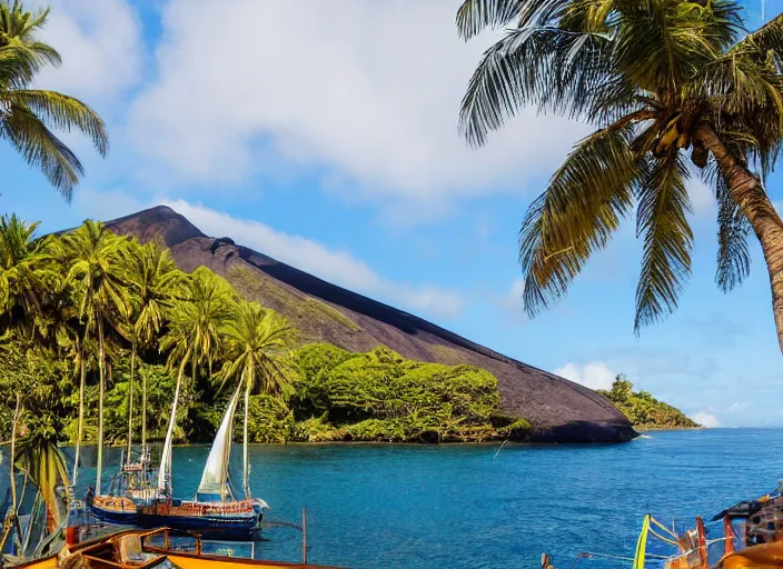 Image similar to photo of the hms bounty ship in a tranquil beautiful island cove with palm trees, a volcano smoking