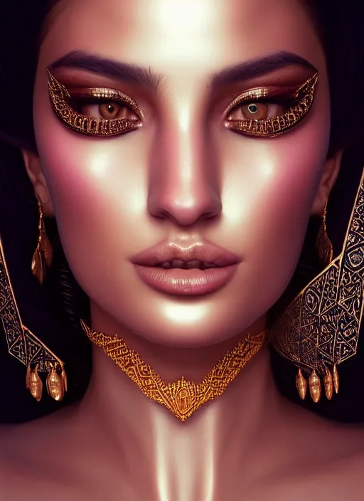 Prompt: portrait of arabic model, intricate, technology, sharp focus, octane render, realistic, detailed, beautiful, unreal engine, symmetrical!!, maybelline, sephora, loreal, artstation, art by artgerm, rossdraws, art by karol bak, makeup by pat mcgrath, cinematic, concept art, filmic, vsco