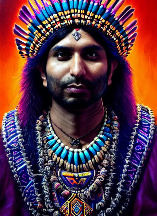 Image similar to portrait of kunal nayyar, hyper detailed ultra sharp aztec shaman warrior. trending on artstation, warpaint aesthetic, bloodwave, colorful, psychedelic, ornate, intricate, digital painting, concept art, smooth, sharp focus, illustration, art by artgerm and greg rutkowski and h. r. giger, 8 k