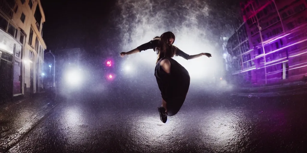 Image similar to fisheye lens slow motion with trail effect of beautiful break dancer wearing floating long dress with neon lights, long exposure shot , at night in the middle of a rainy wet street, paddle of water, steam, fog, water splashes, rim lights, glossy reflections, water droplets on lens, octane render, dark and dramatic, fire explosions in the background, detailed and soft, fisheye lens, smooth, sharp focus, illustration, painted by Zdislav Beksinski and Wayne Barlowe