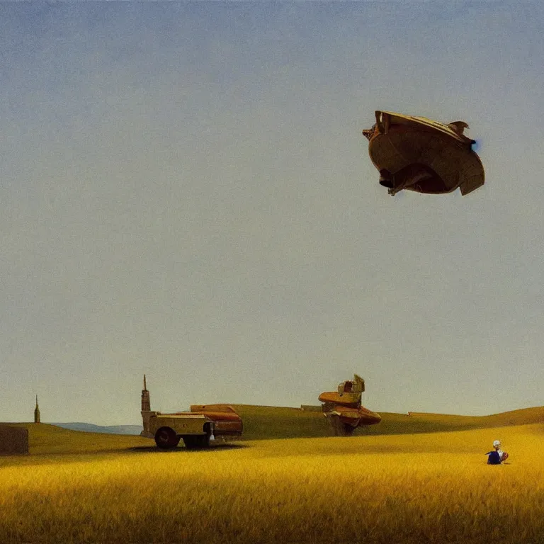 Image similar to a storybook illustration of a spaceship in cornfield, quiet foggy scene painted by Edward Hopper and Robert McGinnis masterpiece, intricate, elegant, fantasy, highly detailed, digital painting, concept art, sharp focus, artstation