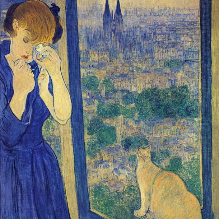 Image similar to woman in indigo dress with city with cathedral seen from a window frame at night. fuzzy white cat. monet, henri de toulouse - lautrec, utamaro, matisse, felix vallotton