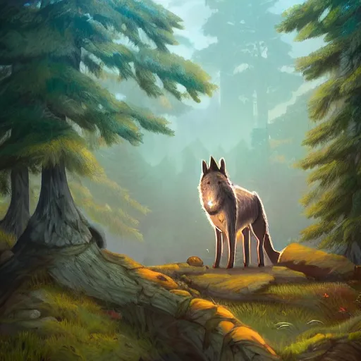 Prompt: a cartoonish wolf is near a rustic ramshackle hut in a mystical forest full of wonders, pine trees, magical atmosphere, trending on artstation, 30mm, by Noah Bradley trending on ArtStation, deviantart, high detail, stylized portrait