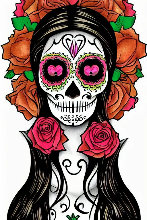 Prompt: illustration of a sugar skull day of the dead girl, art by michelangelo