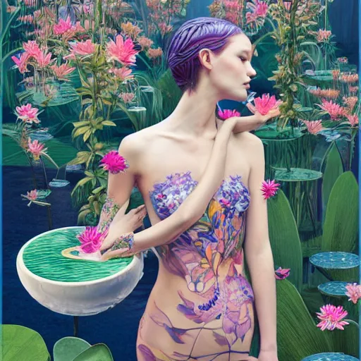 Image similar to pretty model with botanical and water lilies : : by martine johanna and simon stalenhag and chie yoshii and casey weldon and wlop : : ornate, dynamic, particulate, rich colors, intricate, elegant, highly detailed, vogue, harper's bazaar art, fashion magazine, smooth, sharp focus, 8 k, octane render